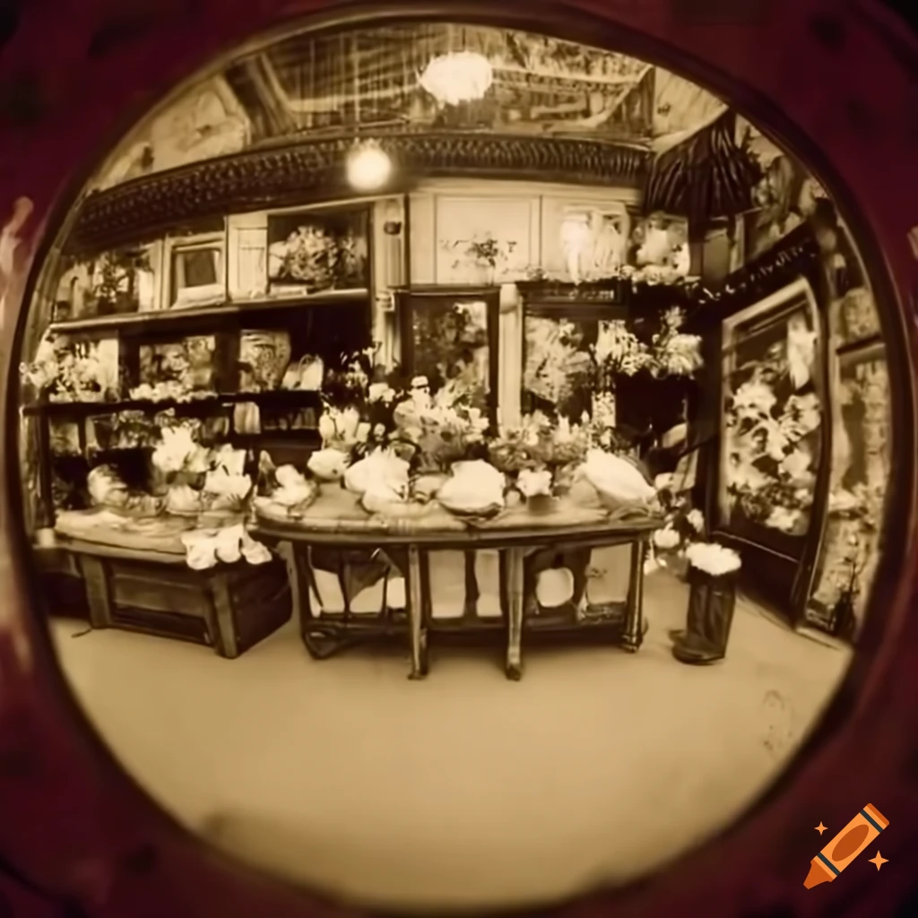 vintage fisheye view of a 1920s flower shop