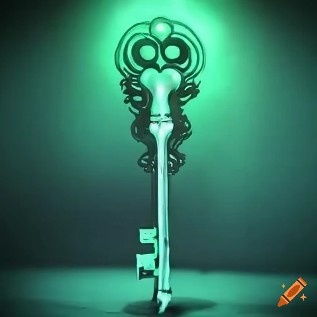 image of a glowing skeleton key in a haunted mansion