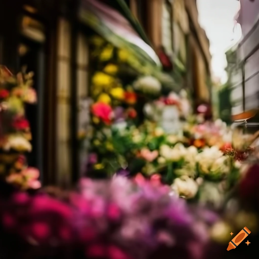 wide-angle photo of a flower shop filled with blooming flowers
