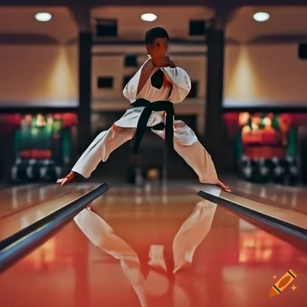 karate black belt practicing in a bowling alley
