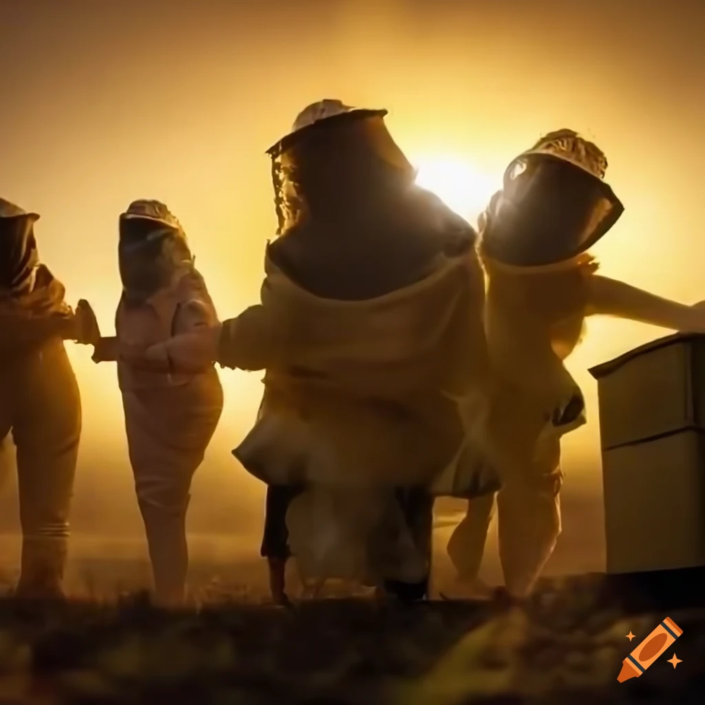 photorealistic image of beekeepers surrounded by bees and hives