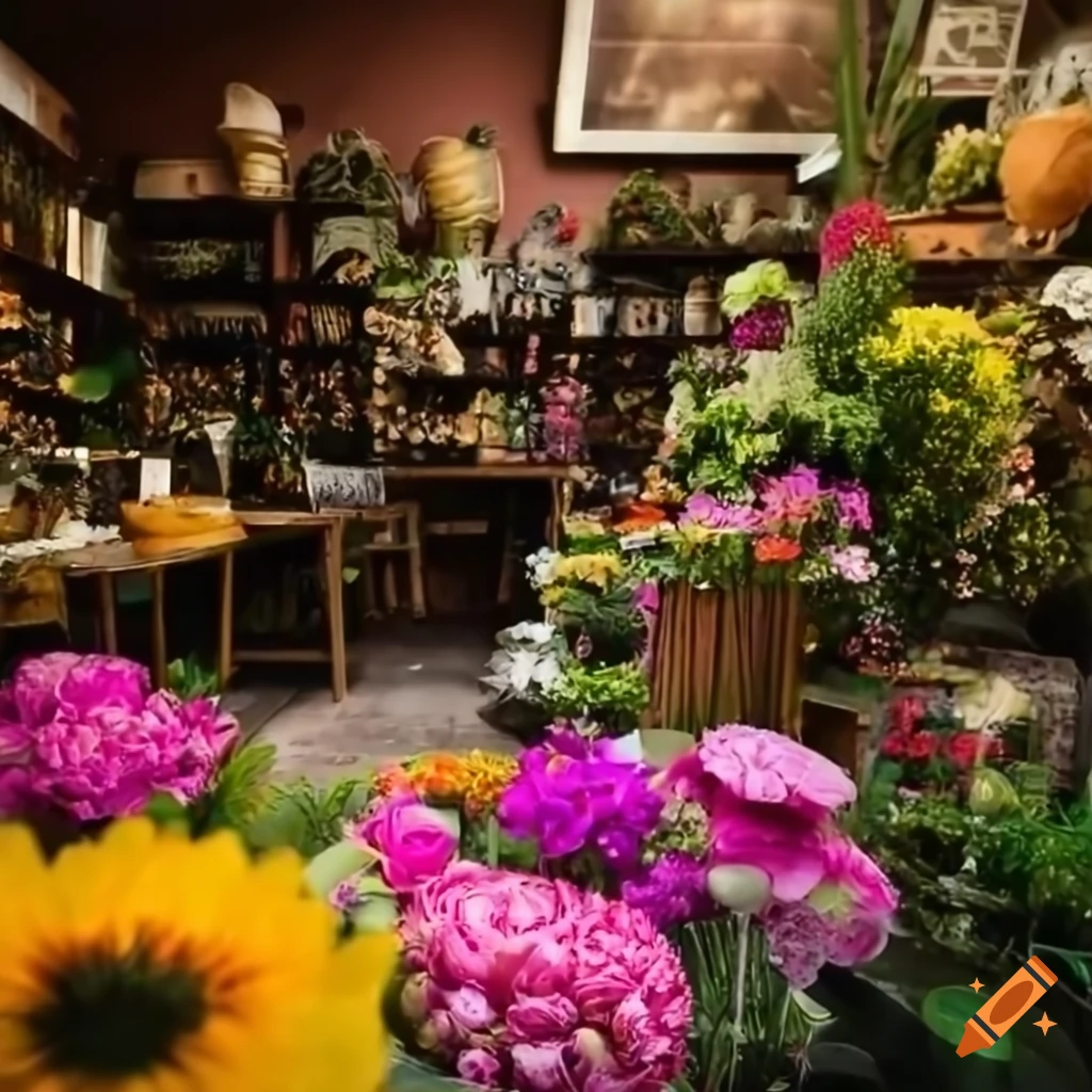 wide-angle photo of a flower shop with blooming flowers