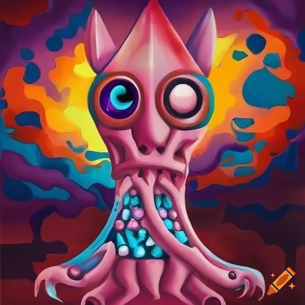 cubist art depiction of a squid god