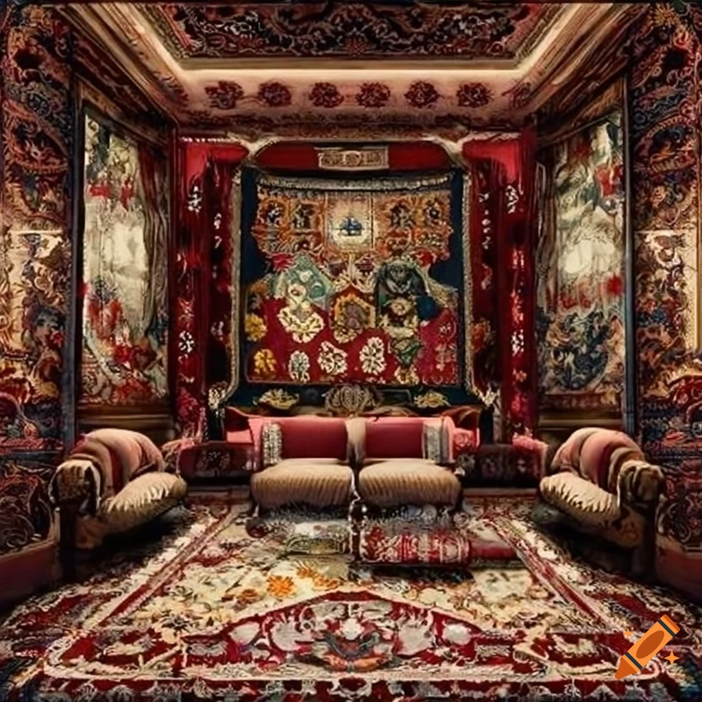 cozy room with vibrant asian wall paintings and turkish carpet