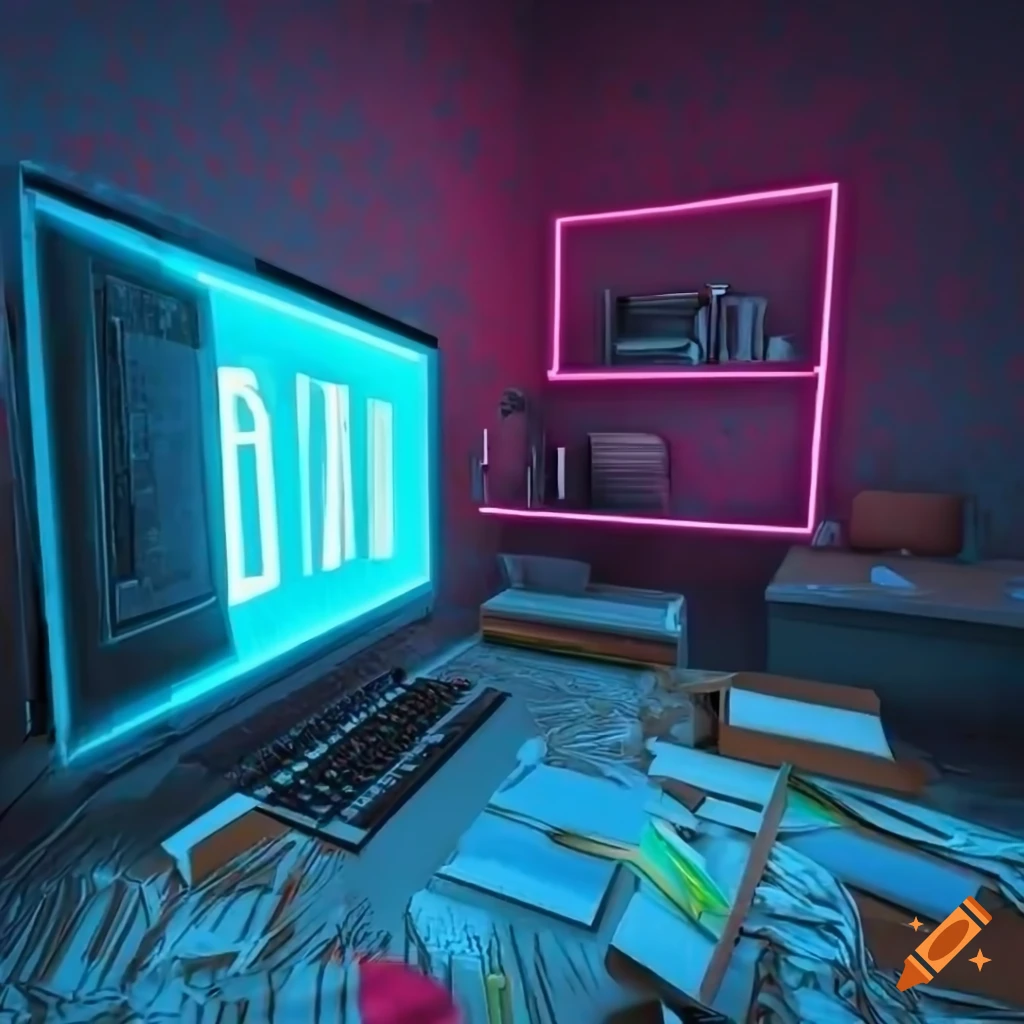 realistic 3D rendering of a messy study room with neon sign