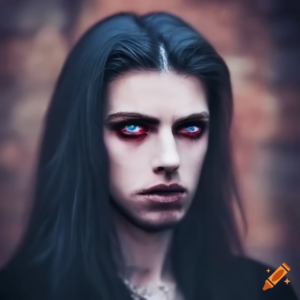 portrait of a gothic man with dark hair and striking blue eyes