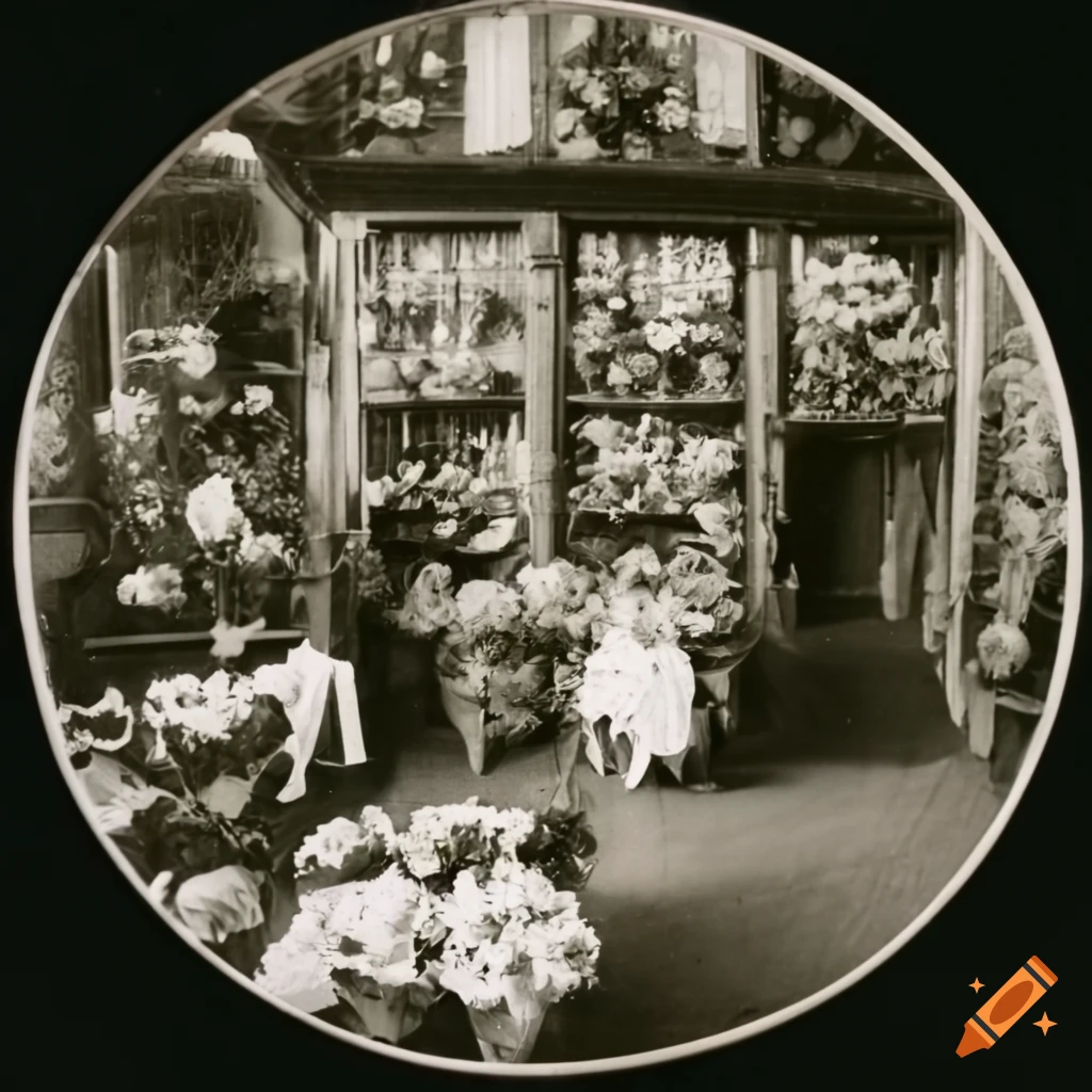 1920s fisheye photo of flowers in a flower shop