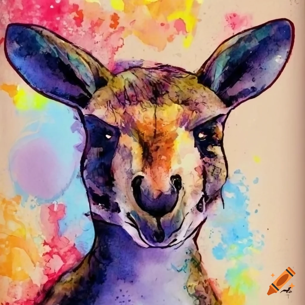 watercolor kangaroo portrait in blotchy comic book style