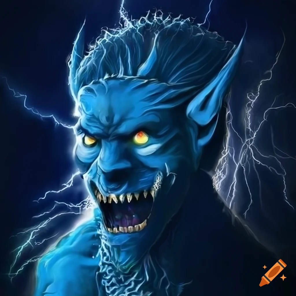 artwork of a blue oni in a thunderstorm