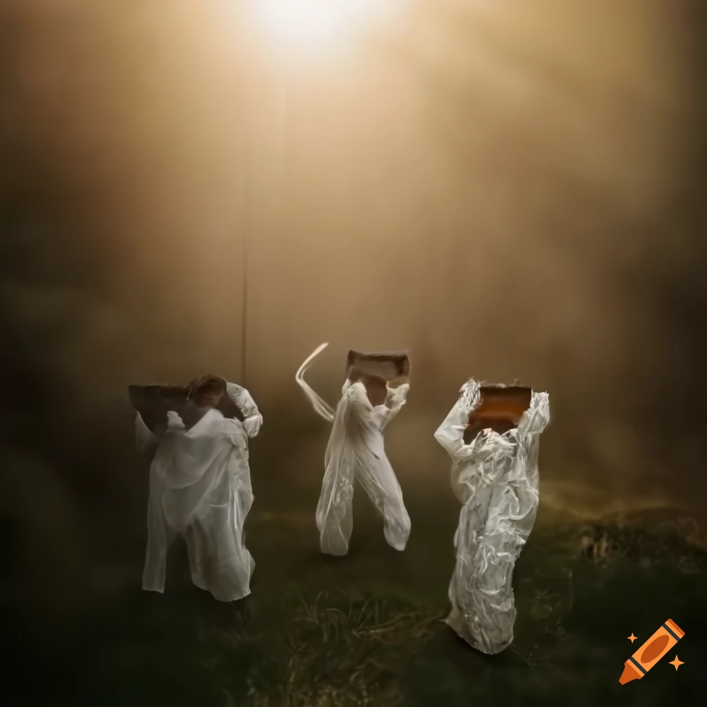 photorealistic image of beekeepers surrounded by bees and hives