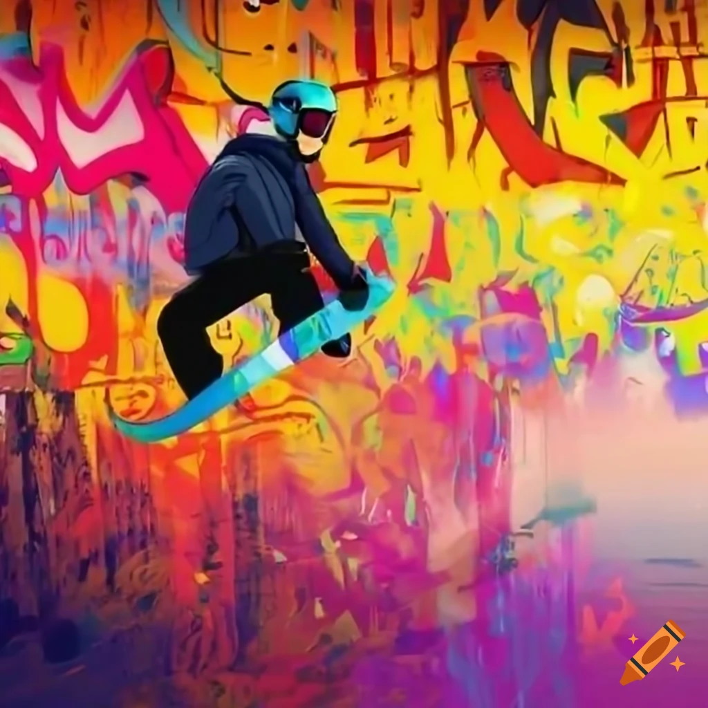 snowboarder performing tricks in front of graffiti