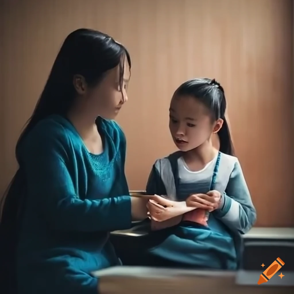 students chatting with teacher in a diverse classroom