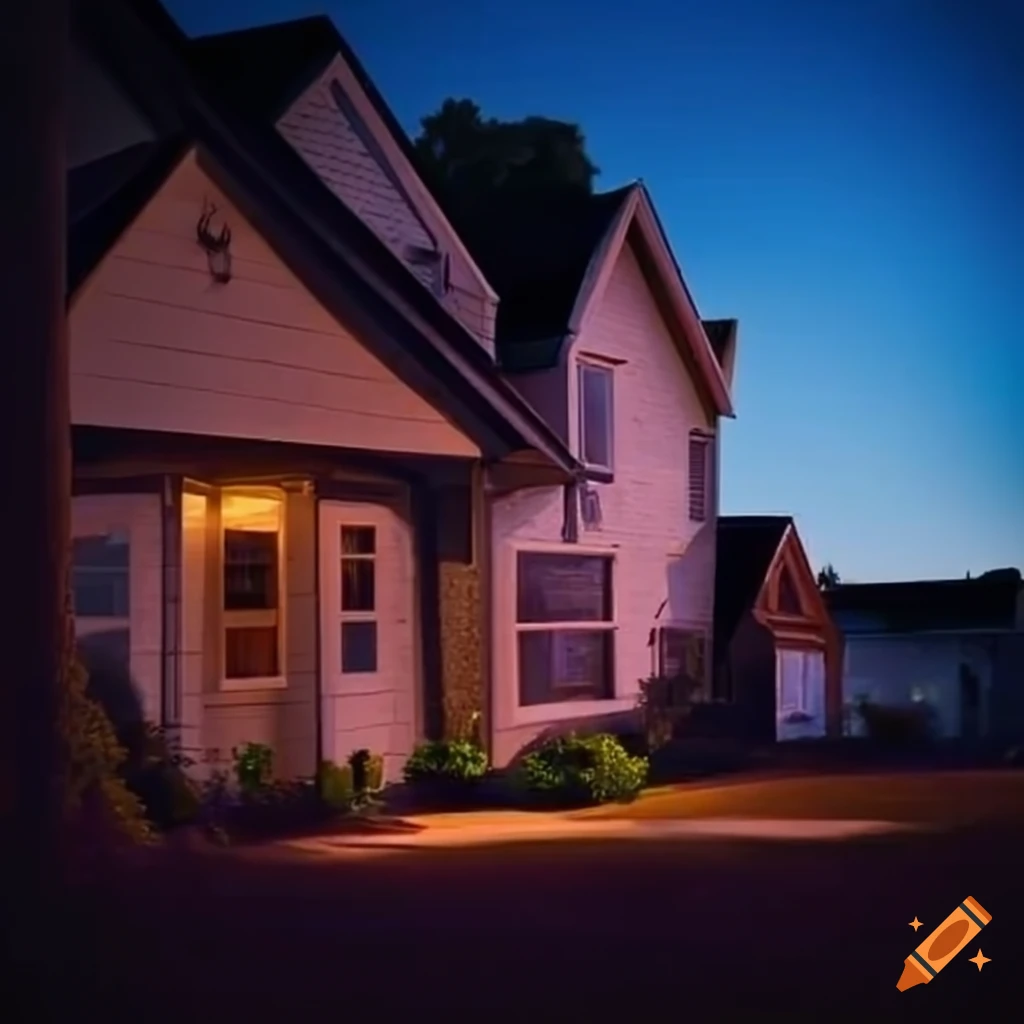suburban house with a lit window at evening