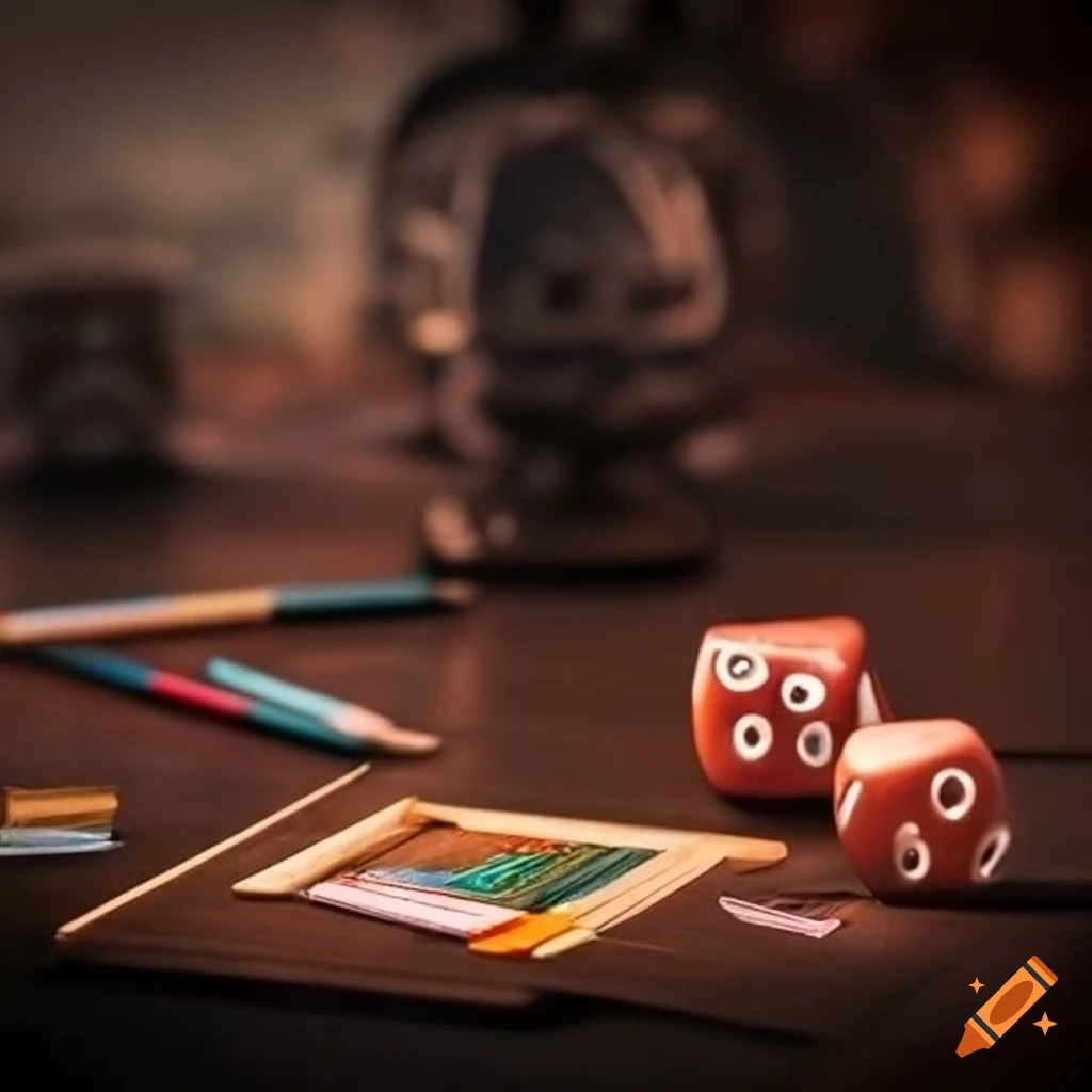 tabletop game setup with maps, dice, and pencils