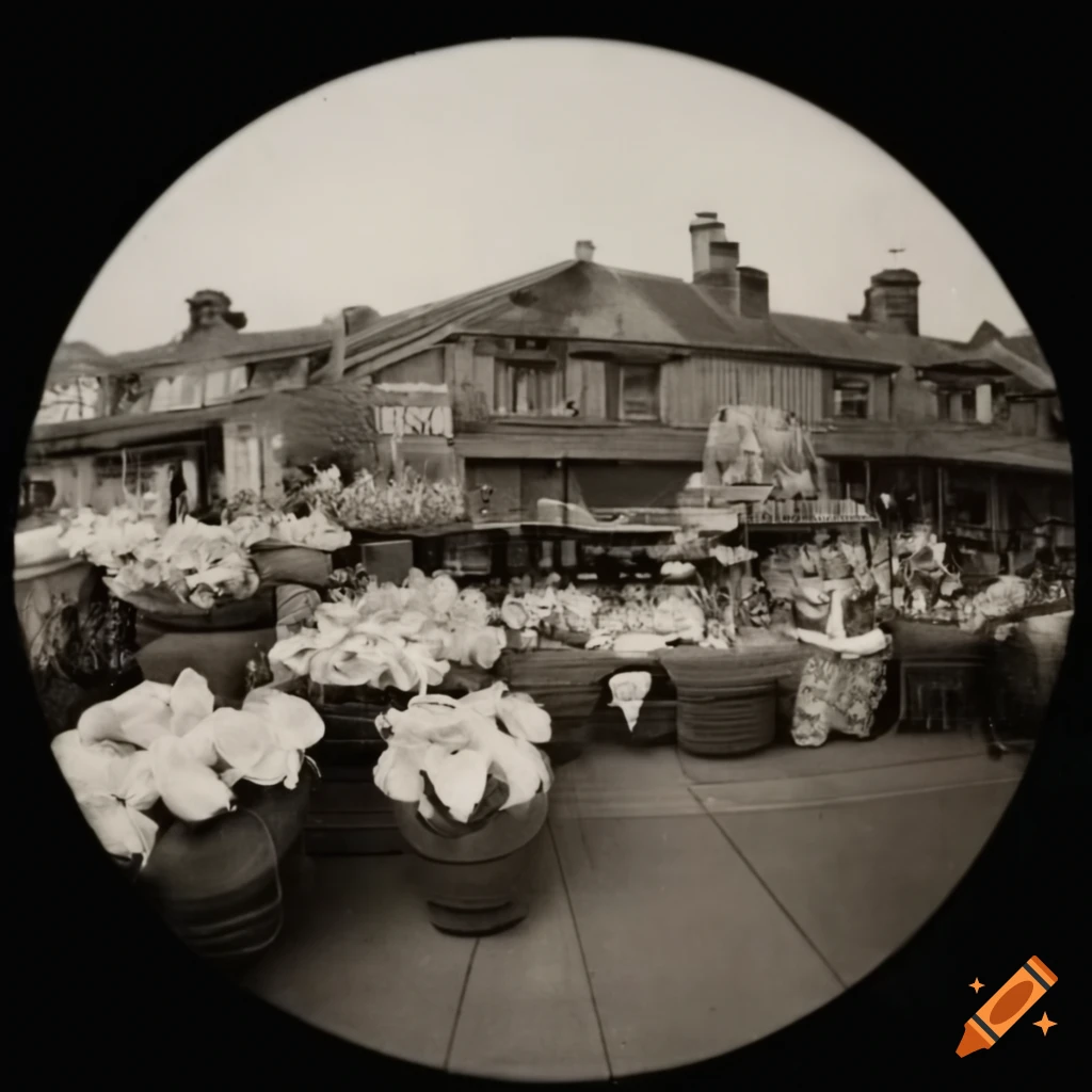 vintage fisheye photo of flowers in a flower shop