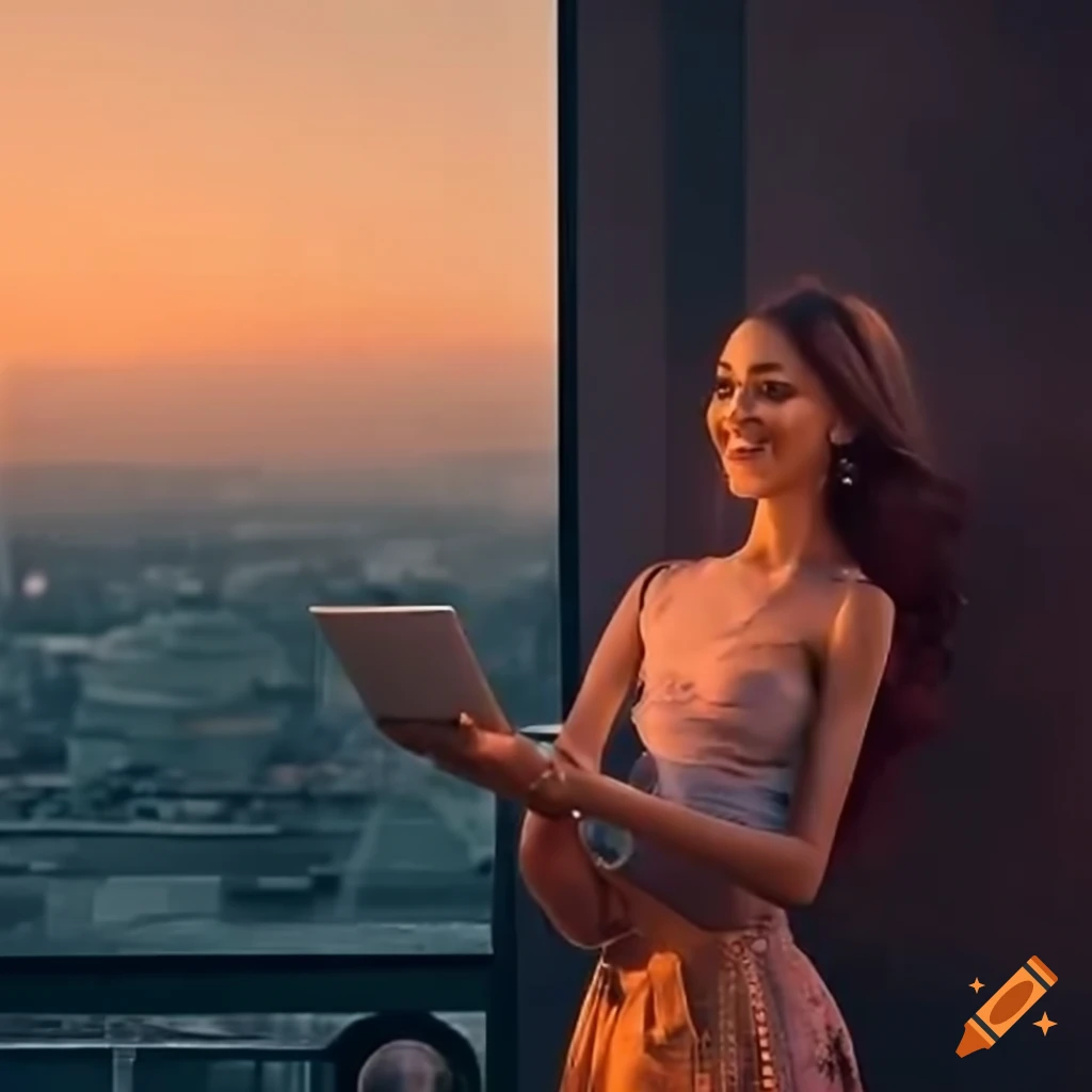 businesswoman on the rooftop terrace holding a tablet