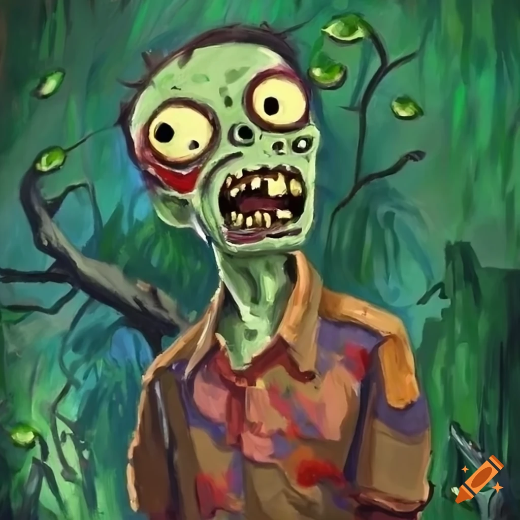 impressionist painting of a thoughtful Plants vs Zombies zombie