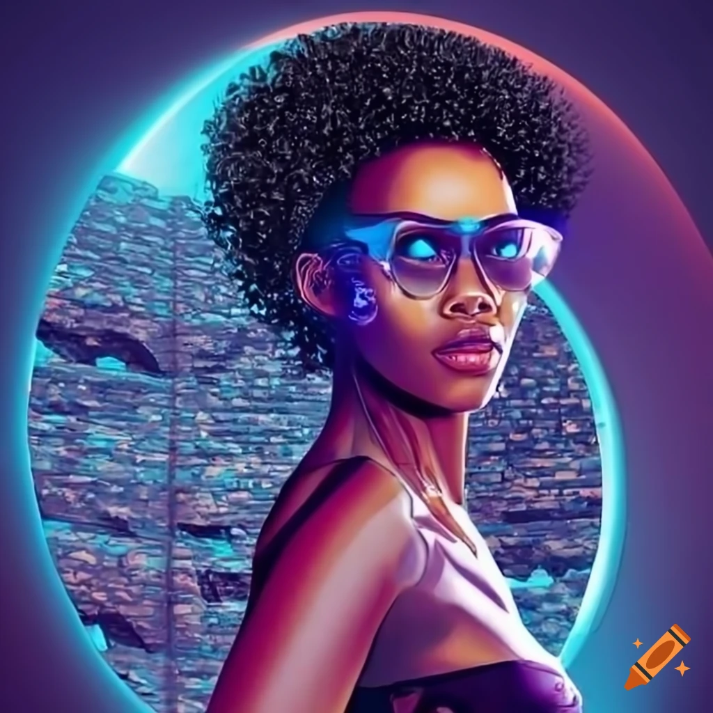 futuristic black woman with glasses at the pyramids