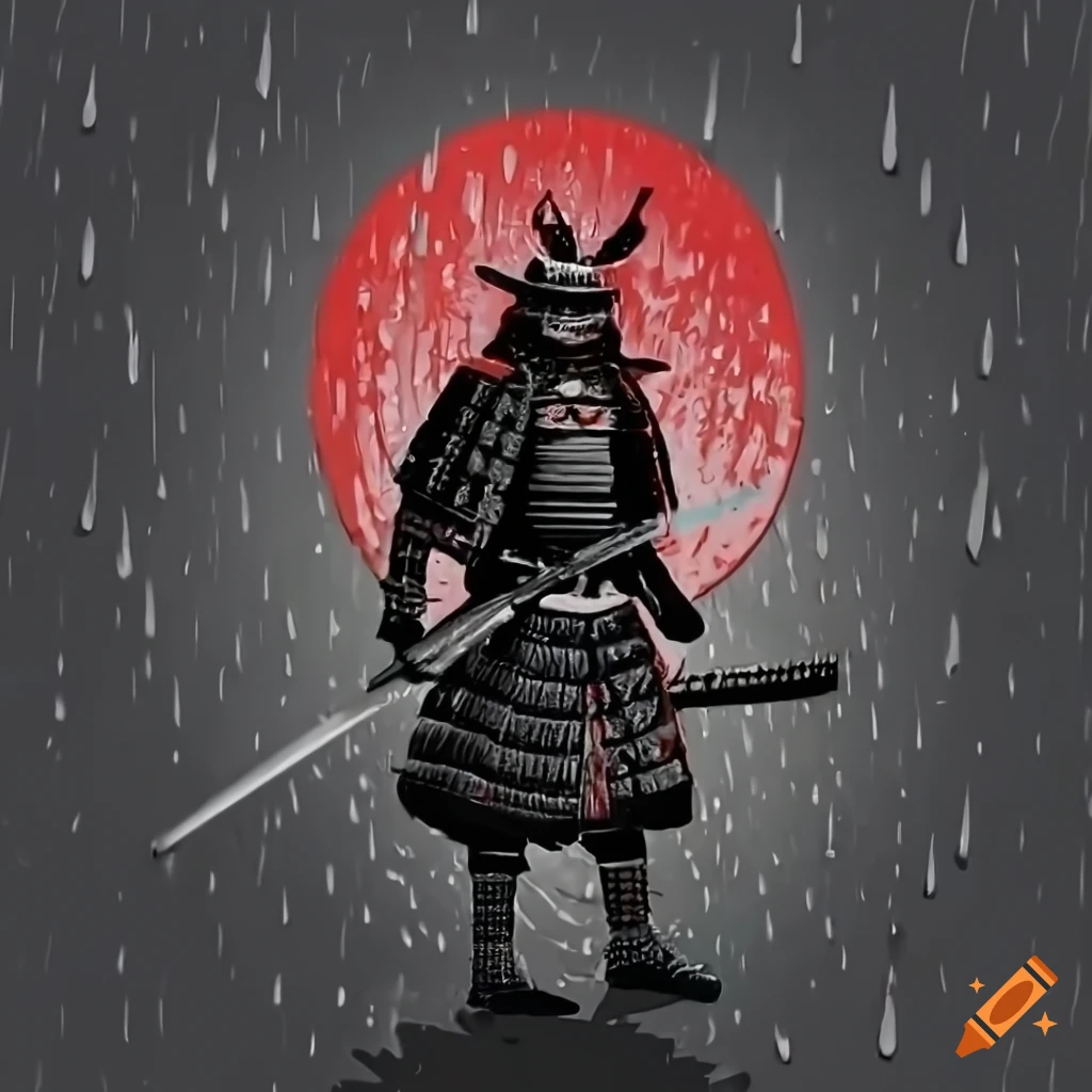 black and white image of a samurai in the rain