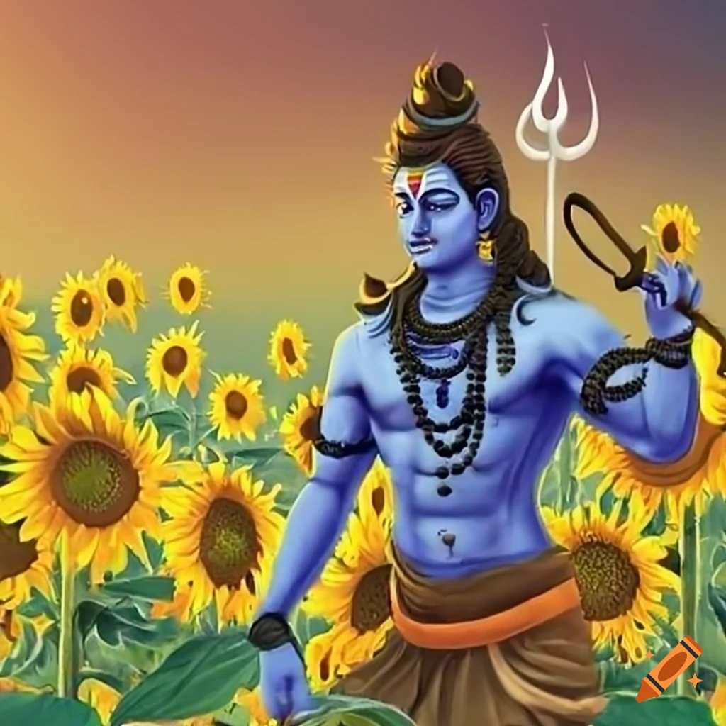 artistic depiction of Lord Shiva in a sunflower field
