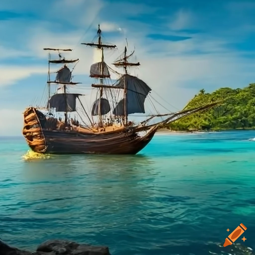 pirates at a tropical island bay with a pirate ship