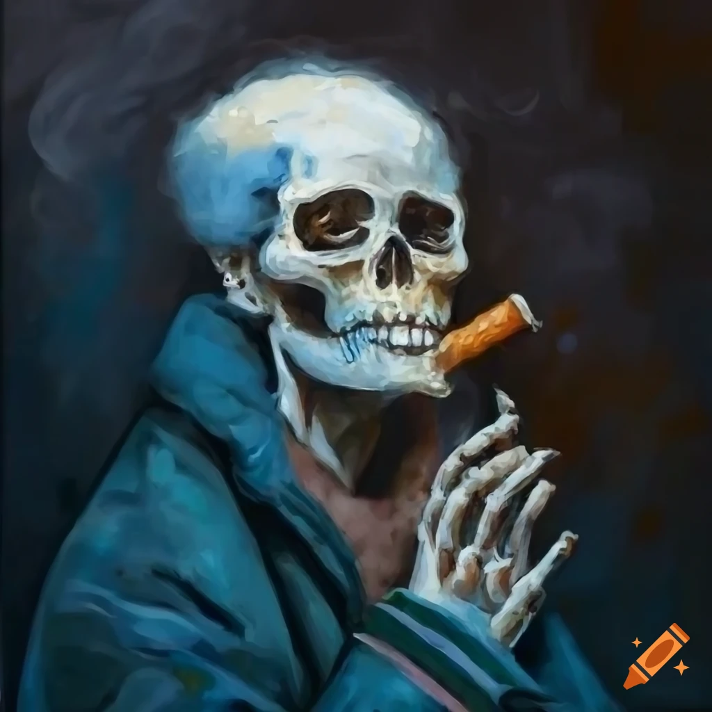 close-up of a smoking skeleton in a Russian winter coat