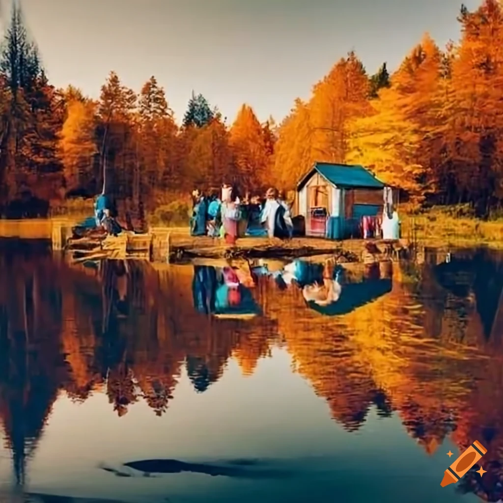 people standing in front of a small hut by a lake in autumn