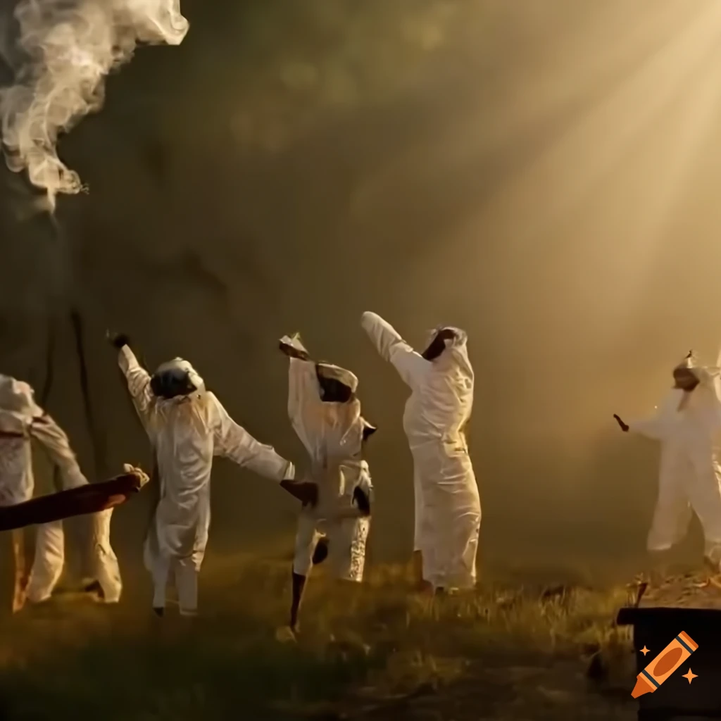 photorealistic image of beekeepers surrounded by bees and hives