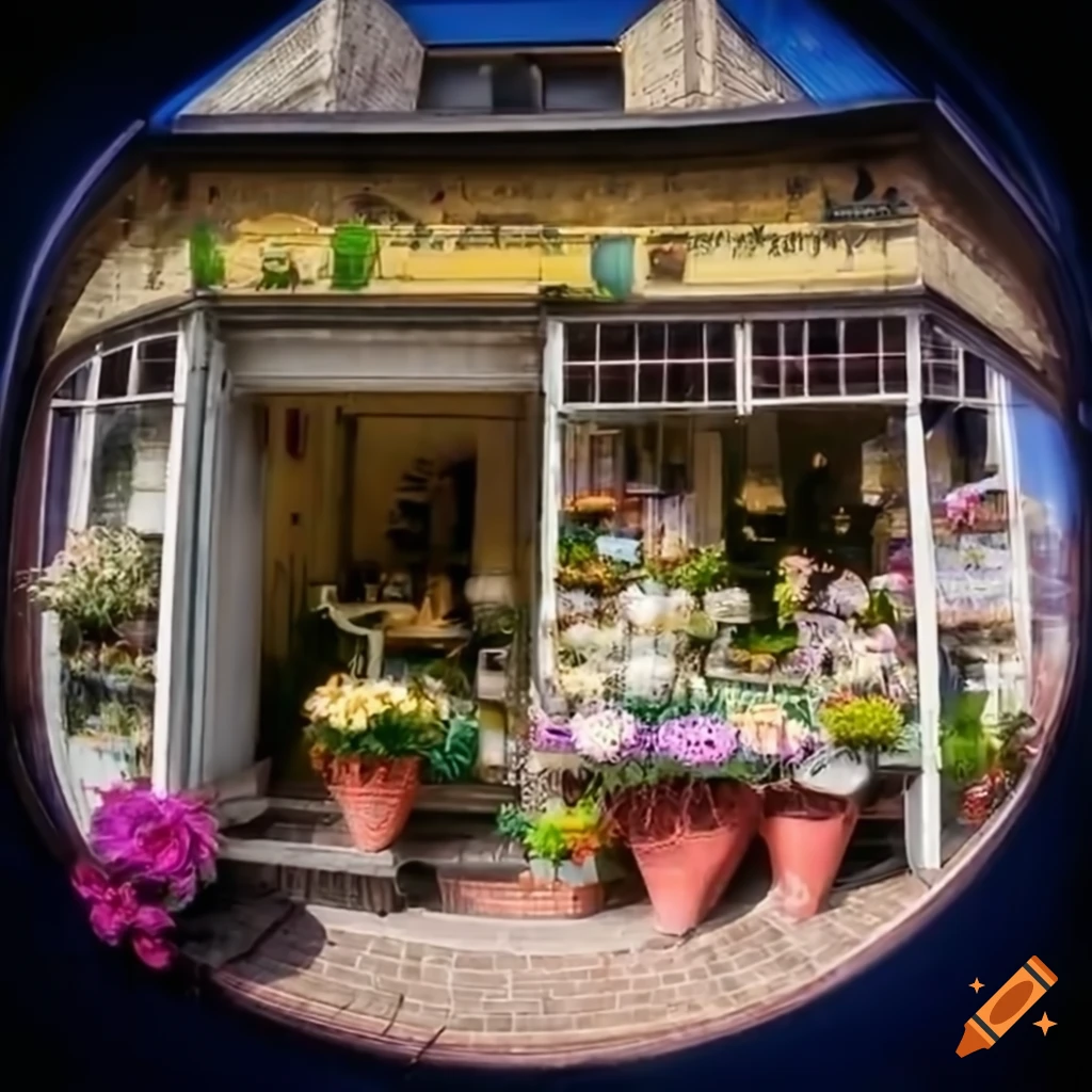 fisheye view of a blooming flower shop