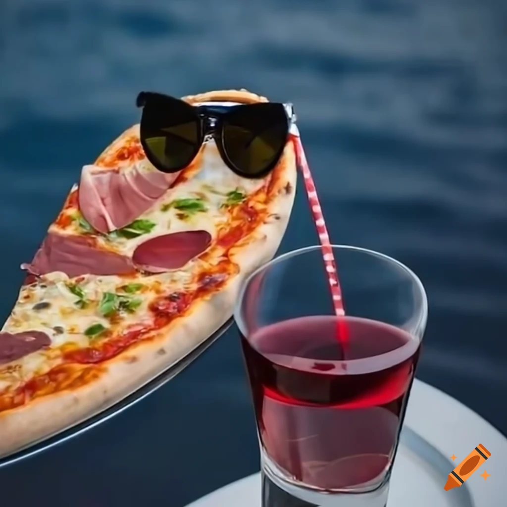 Pizza slice with sunglasses and a glass of red wine on a yacht