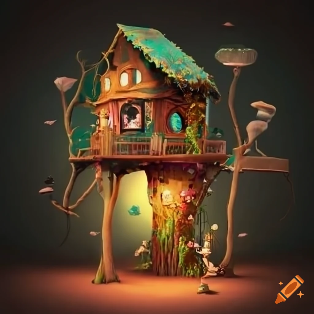 artwork of a whimsical treehouse in a magical forest