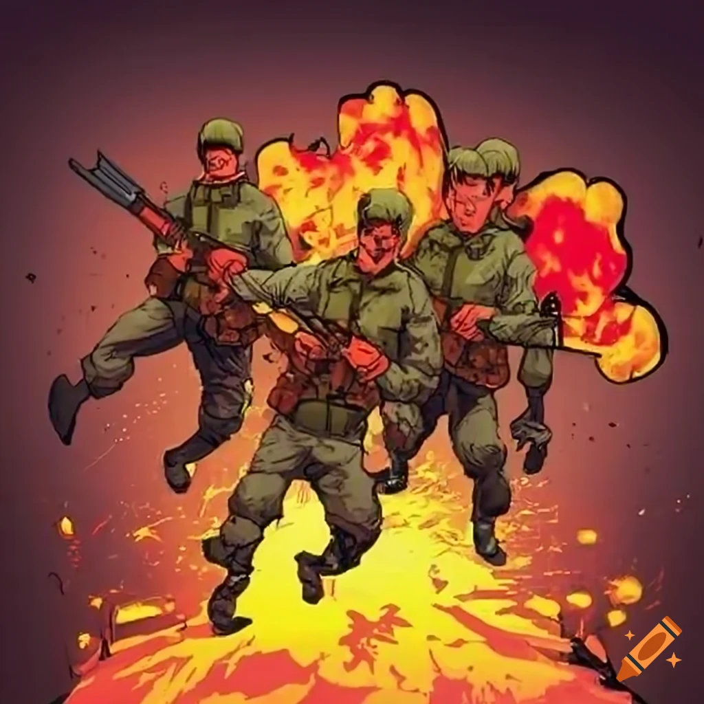 comic-style depiction of soldiers fleeing explosion