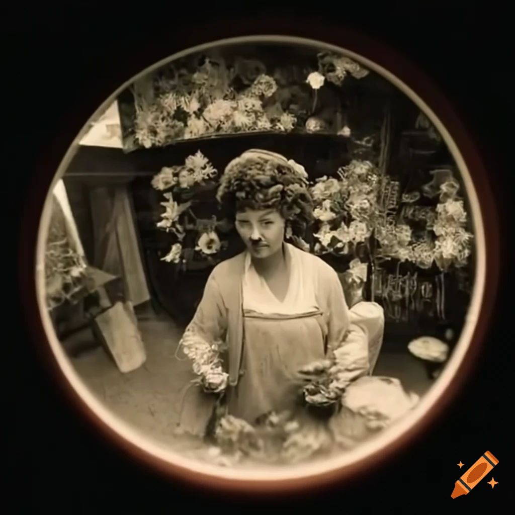 fisheye view of a 1920s flower shop