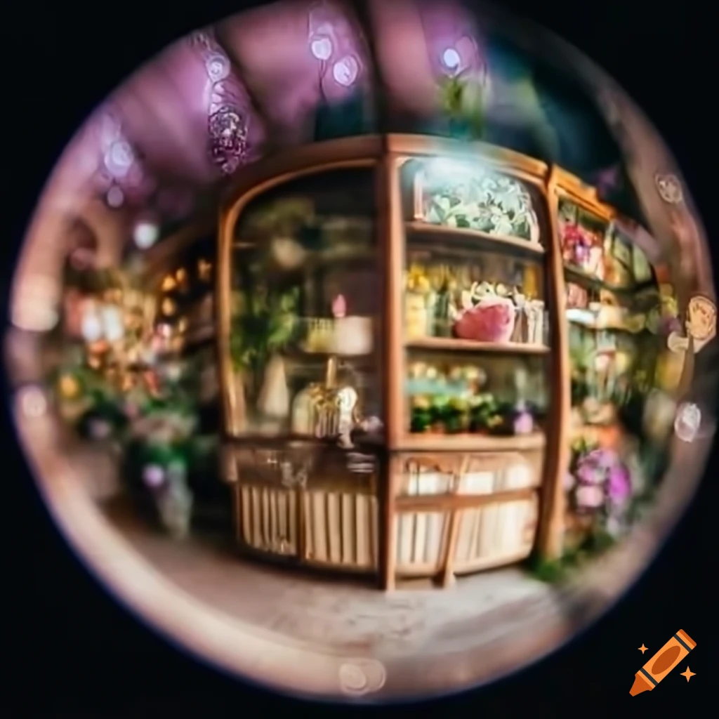 fisheye view of a 1920s flower shop