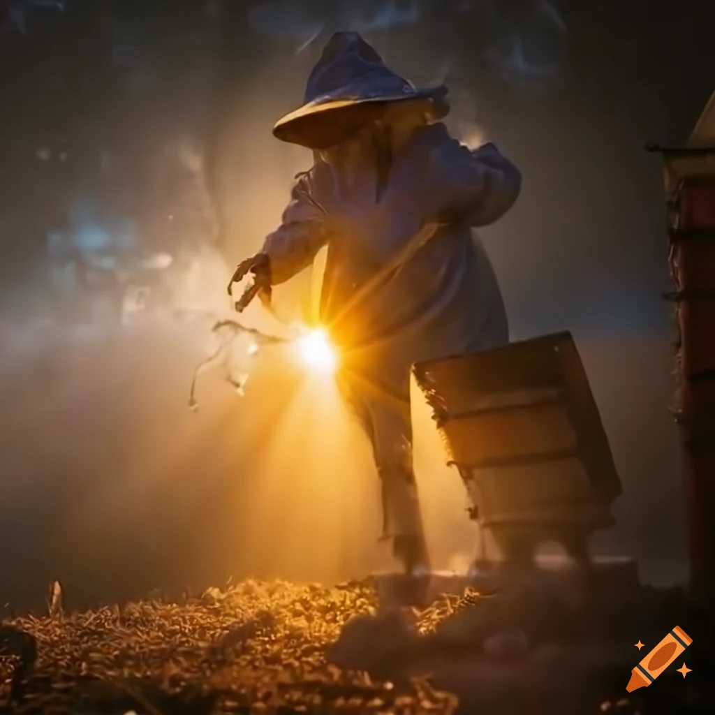 romantic scene of beekeepers near bee hives