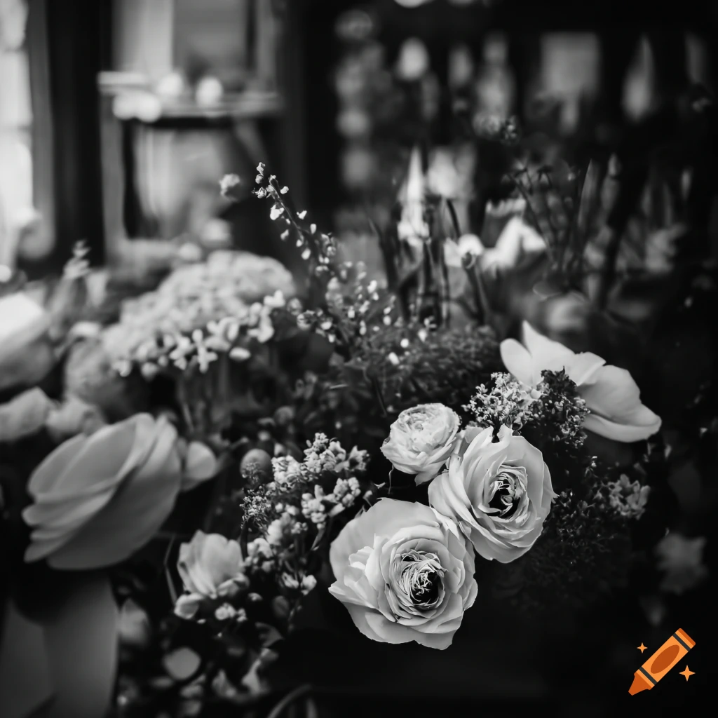 wide angle black and white photo of a flower shop