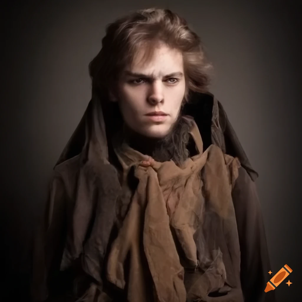 portrait of a guy with torn clothes and covered face