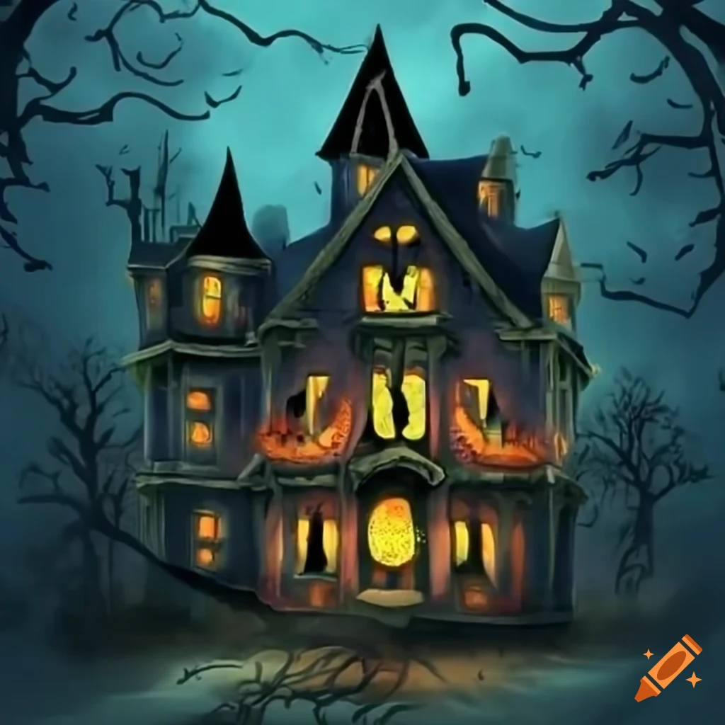 cartoon illustration of a cheerful haunted house
