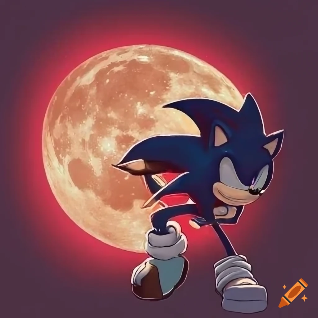 Japanese-style artwork of Sonic the Hedgehog under a red moon