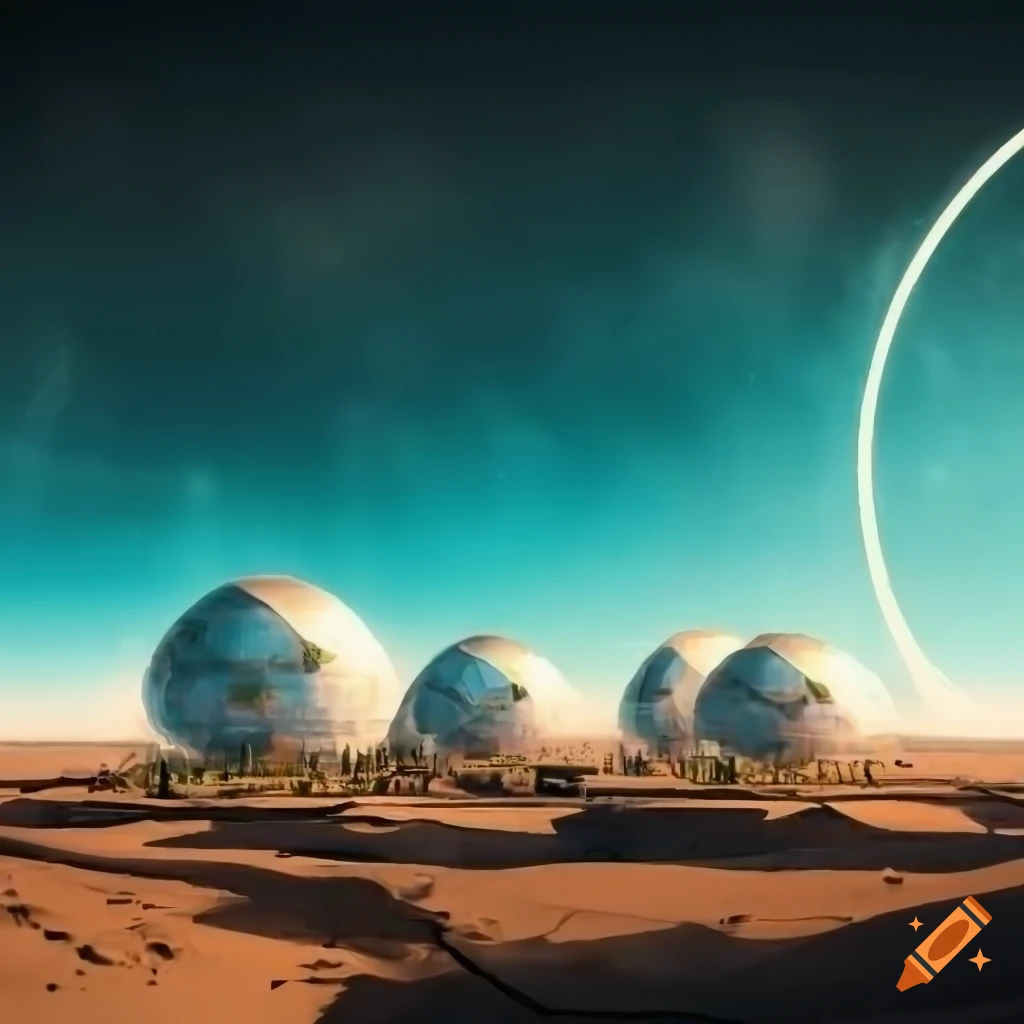 futuristic city with sustainable structures and transparent domes