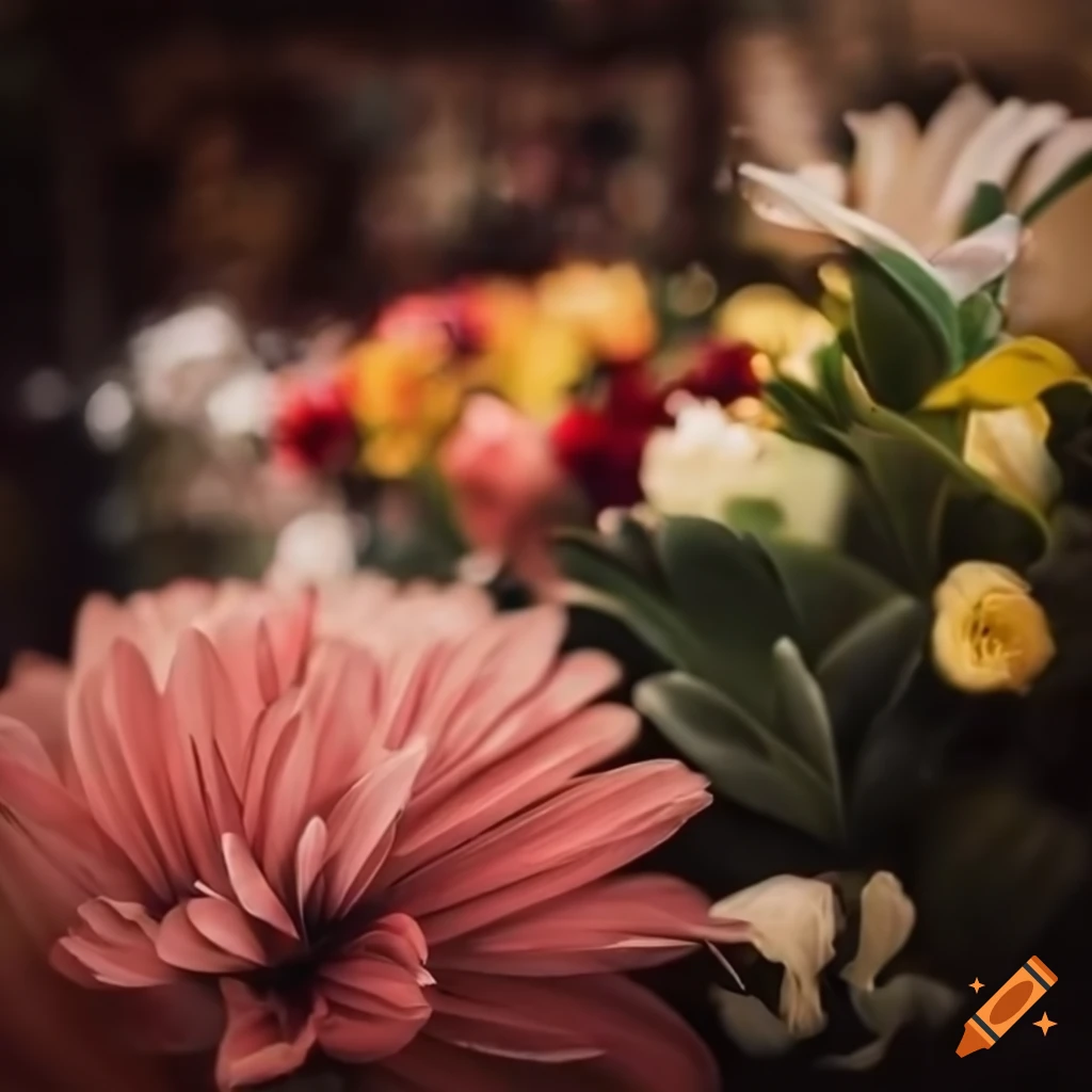 wide angle photo of a flower shop with blooming flowers