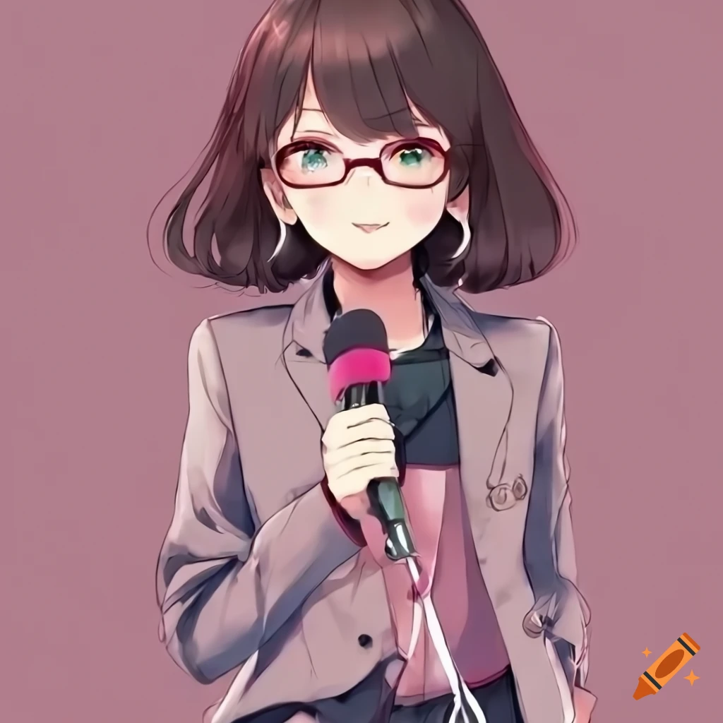 anime girl posing as an idol with short dark brown hair and pink glasses