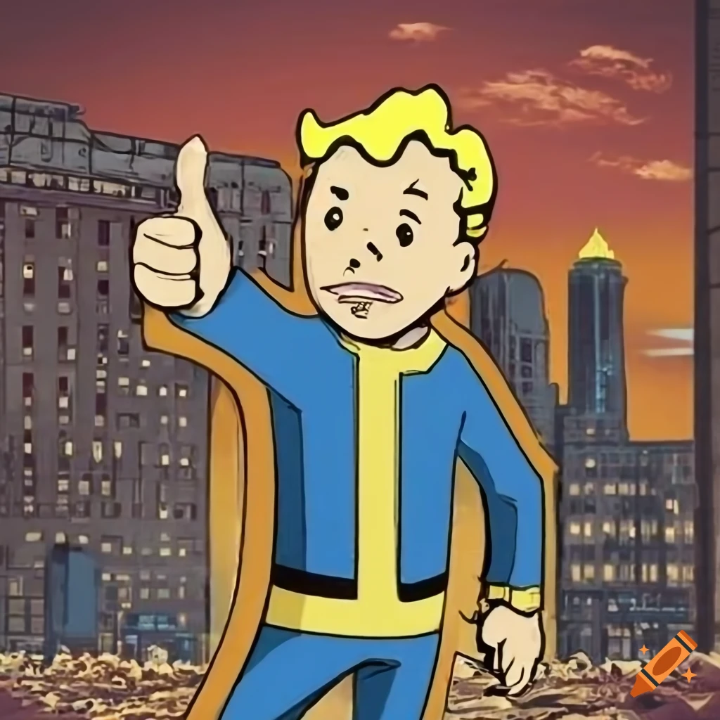 Fallout style poster of vault 56 with vault boy and New York backdrop