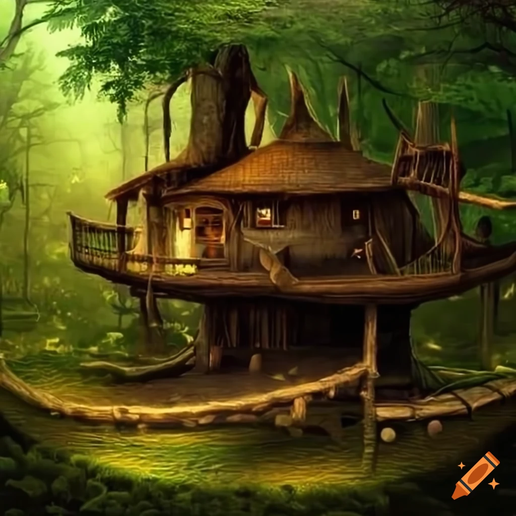 fantasy treehouse in a large forest garden