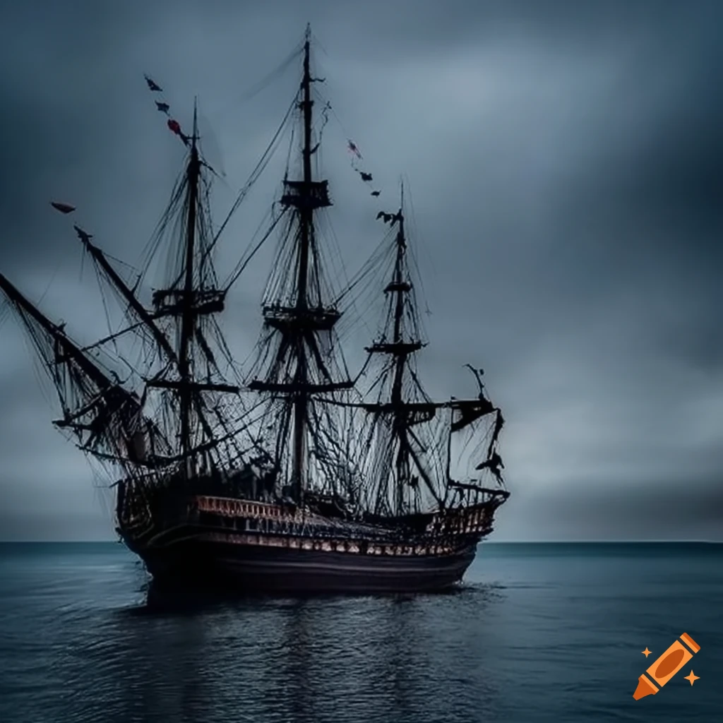 hauntingly beautiful pirate ship sailing under a dark sky