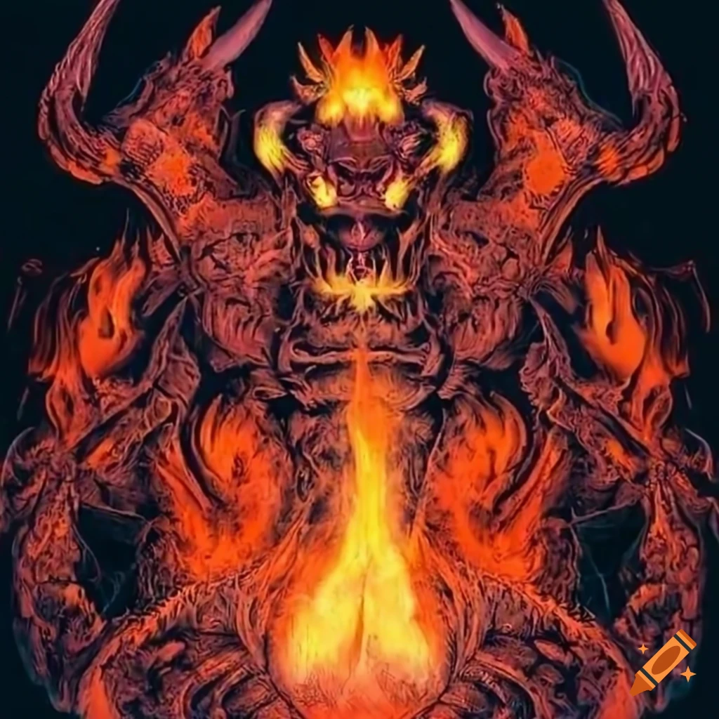 Ink drawing of a fiery demonic figure on Craiyon