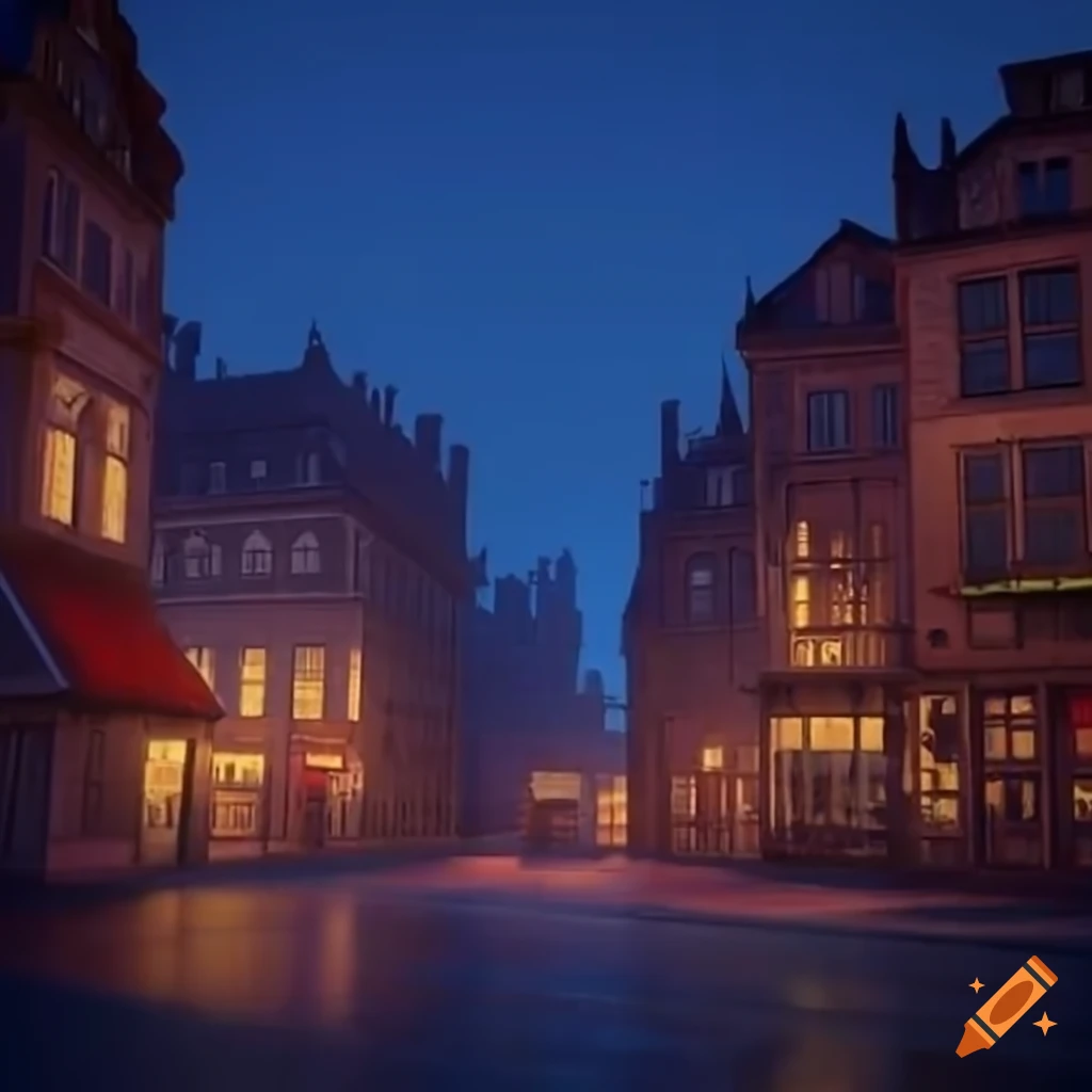 cityscape with a charming bookstore and glowing sunlight