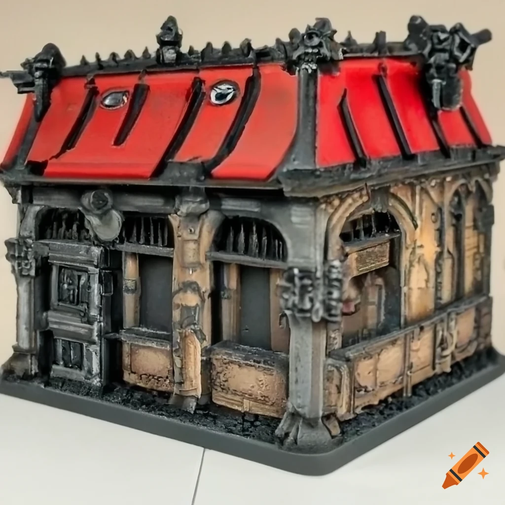 Warhammer 40k style shop front with gothic details