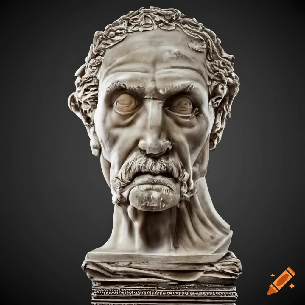 ancient Greek sculpture of an old man with fiery face