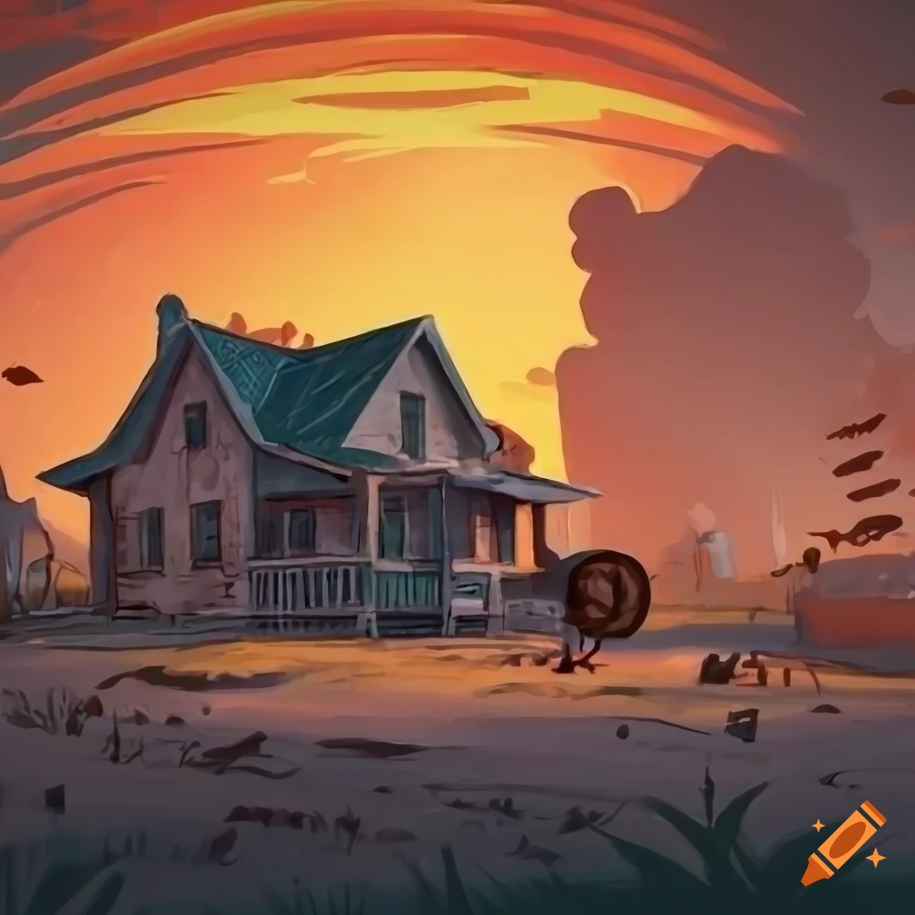 vintage cartoon illustration of a farmhouse with a Ford pickup at sunrise